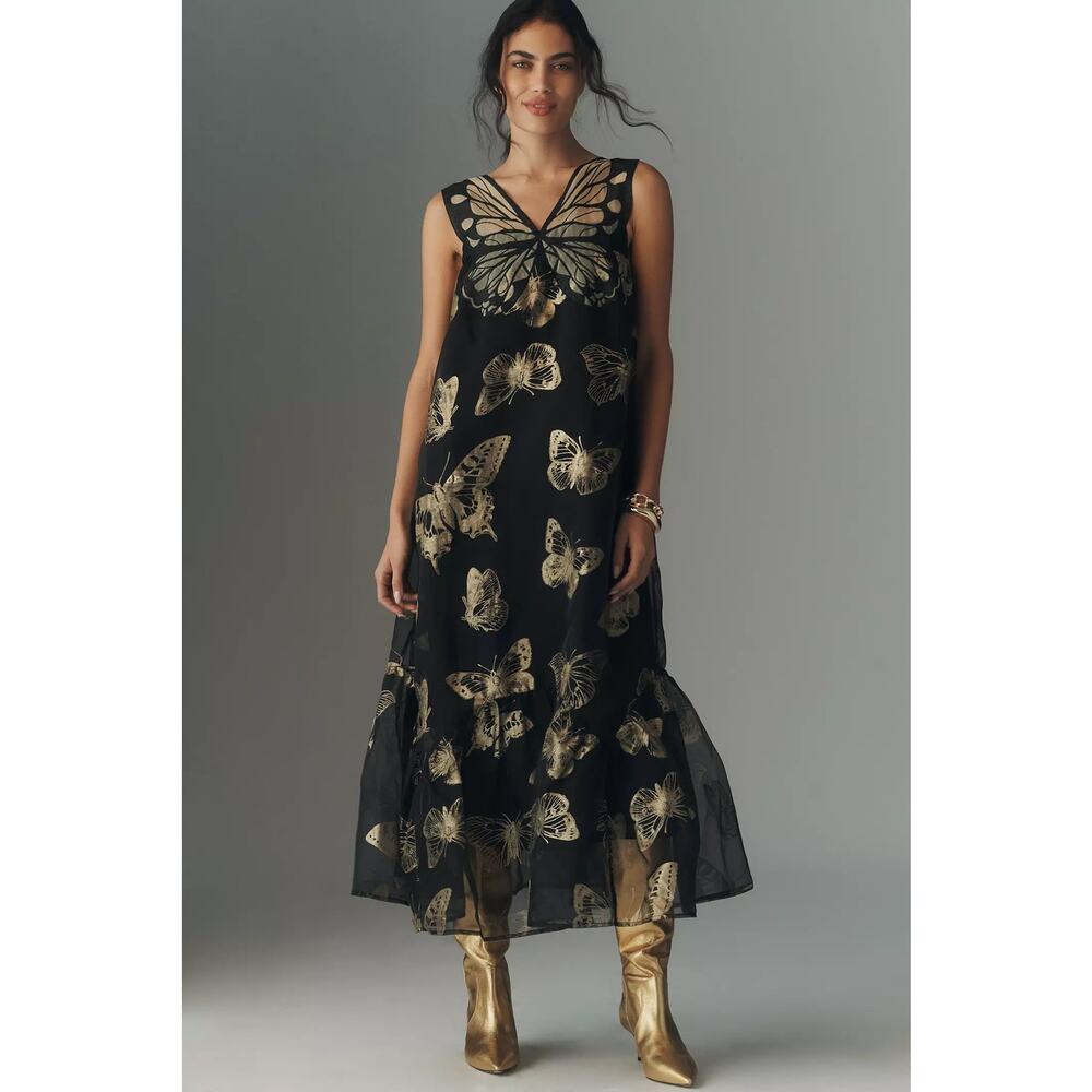 nwt by ANTHROPOLOGIE sz M Sleeveless Butterfly midi dress black gold
